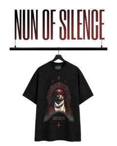 A 240 GSM Terry Cotton oversized T-shirt featuring a detailed nun graphic on the front and an intricate botanical cross design on the back, finished in a black base with red, white and yellow graphic accents.